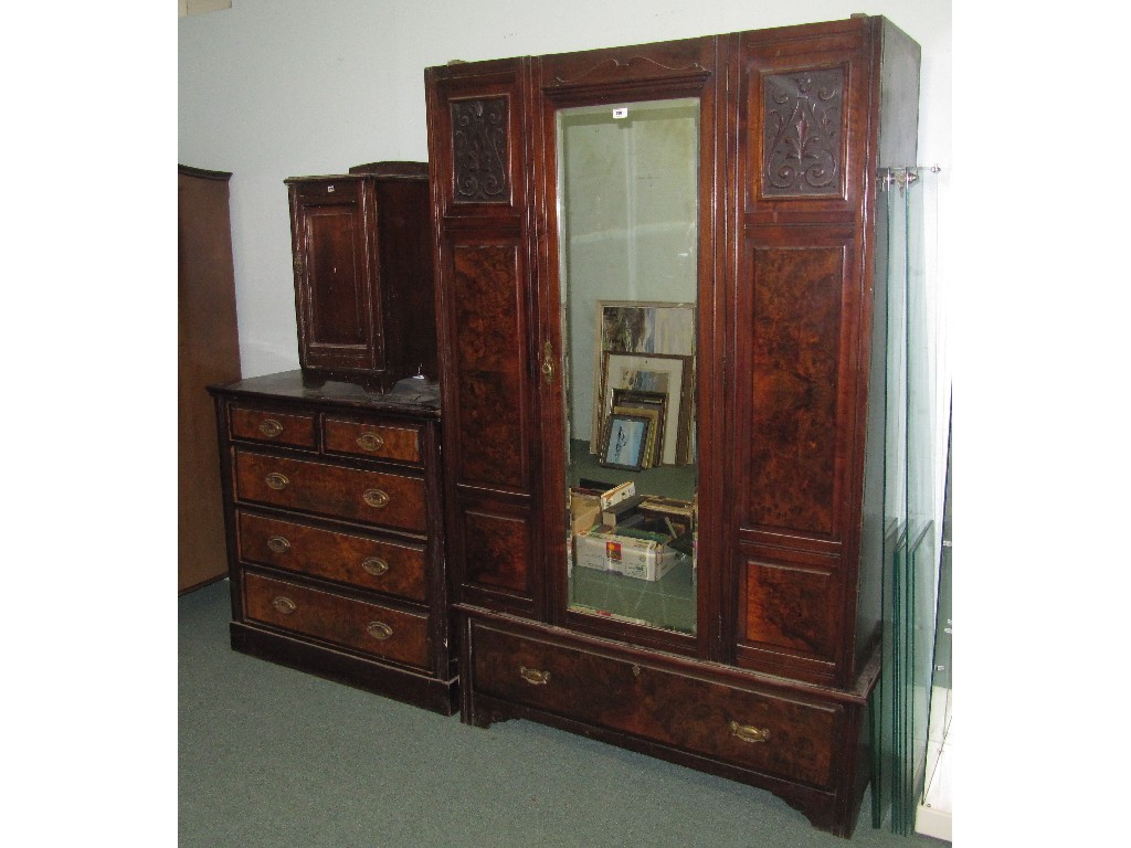 Appraisal: Late Victorian walnut wardrobe chest of drawers and bedside cabinet