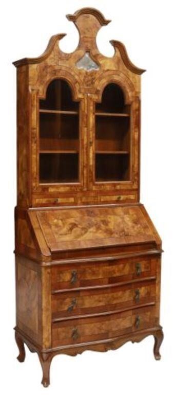 Appraisal: Venetian burled walnut secretary bookcase th c split pediment over