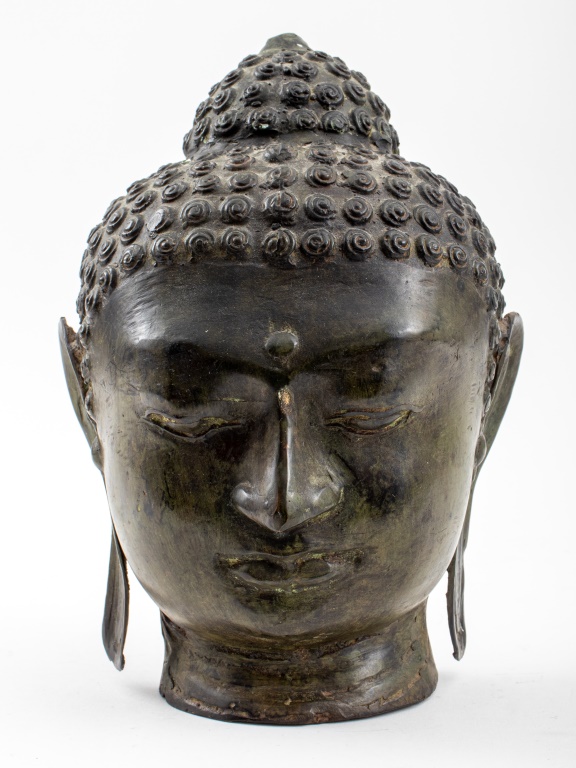 Appraisal: SOUTHEAST ASIAN PATINATED BRONZE BUDDHA HEAD Southeast Asian verdigris patinated