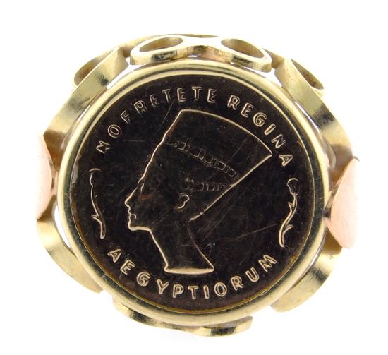 Appraisal: JEWELRY K yellow gold ring with Nefertiti portrait coin at