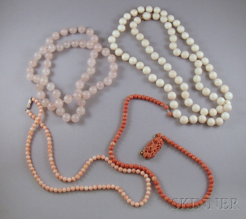 Appraisal: Three Coral and One Pink Quartz Necklaces two coral examples