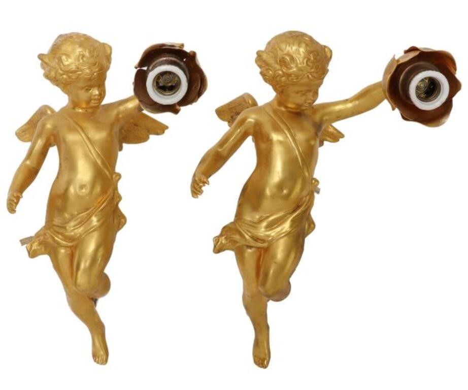 Appraisal: pair Bronze dore single-light wall sconces th c winged cherub