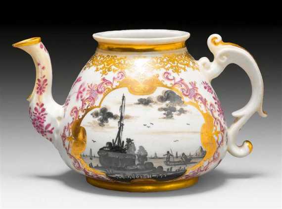 Appraisal: TEAPOT WITH SCHWARZLOT DECORATION Meissen circa - KPM in underglaze