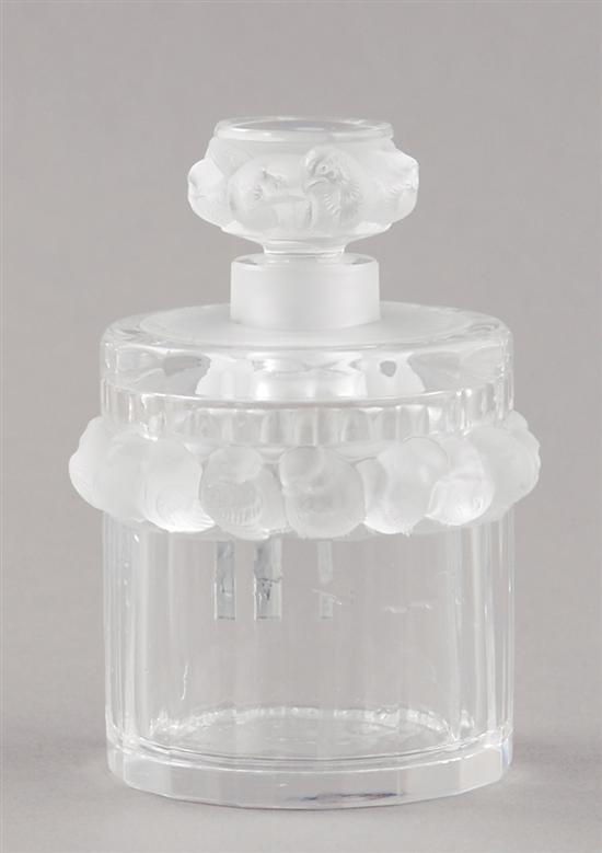 Appraisal: Lalique crystal perfume bottle paneled cylinder-form high-relief bird-modeled band and