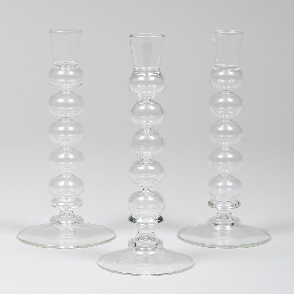 Appraisal: Set of Three Modern Glass Candlesticks Etched monogram mark x