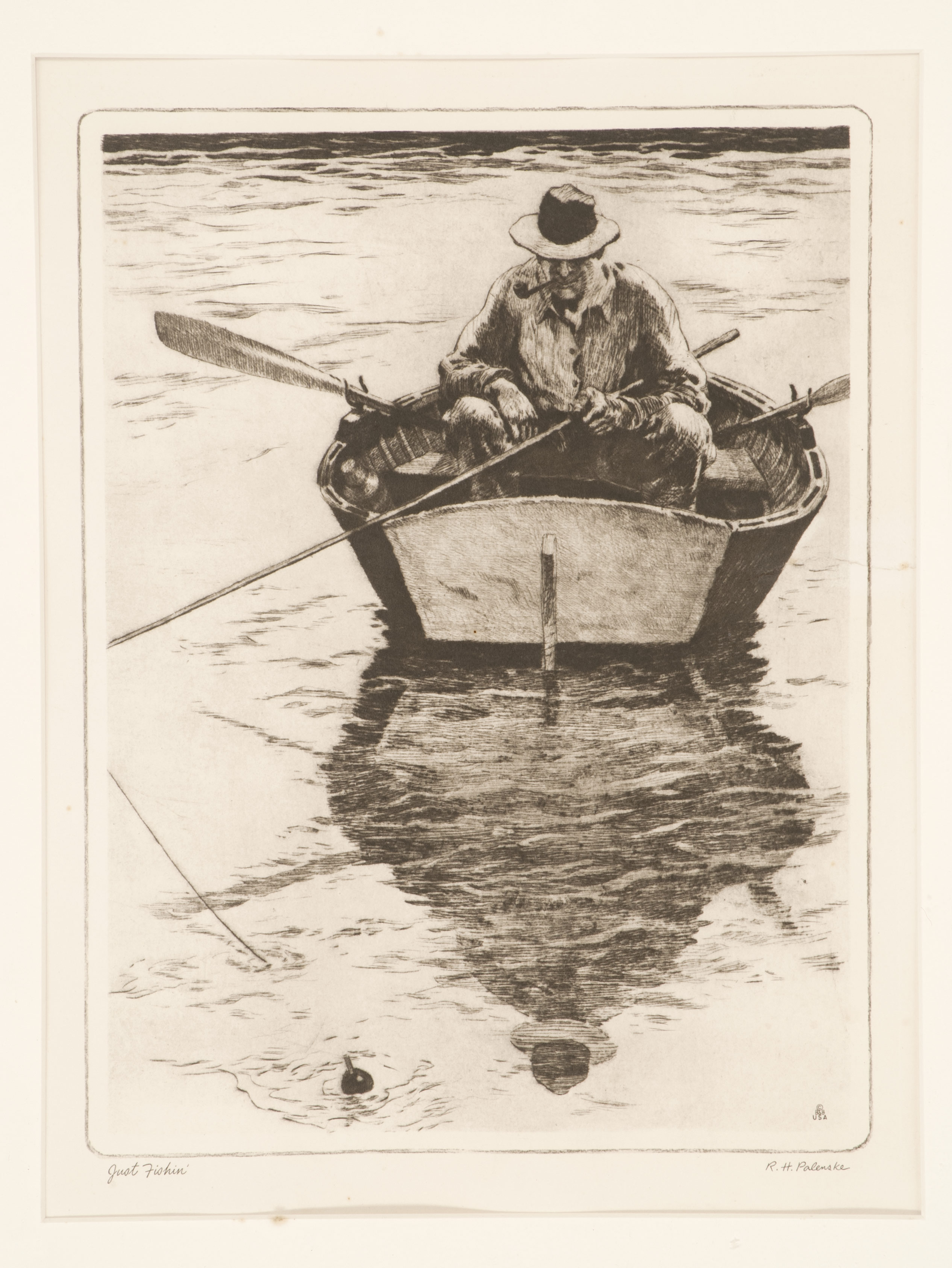 Appraisal: FRAMED ETCHING Just Fishin Signed lower right Palenske x sight