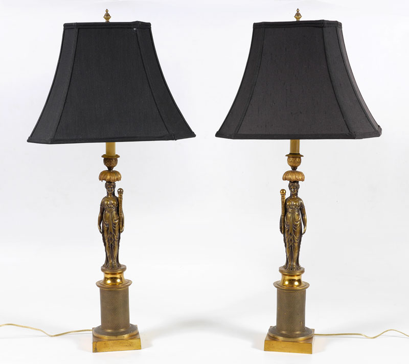 Appraisal: PAIR CARYATID REGENCY STYLE TABLE LAMPS Cast brass base with