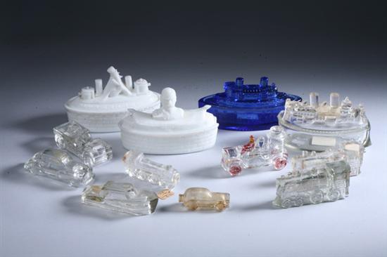 Appraisal: TWELVE GLASS CANDY CONTAINERS Two milk glass ships one clear