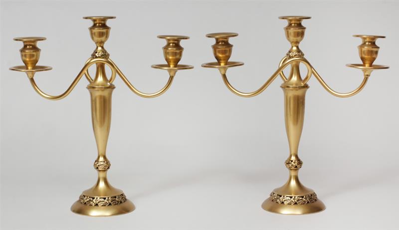 Appraisal: Pair of Vermeil Three-Light Candelabra Each with pierced flower-and-leaf bands