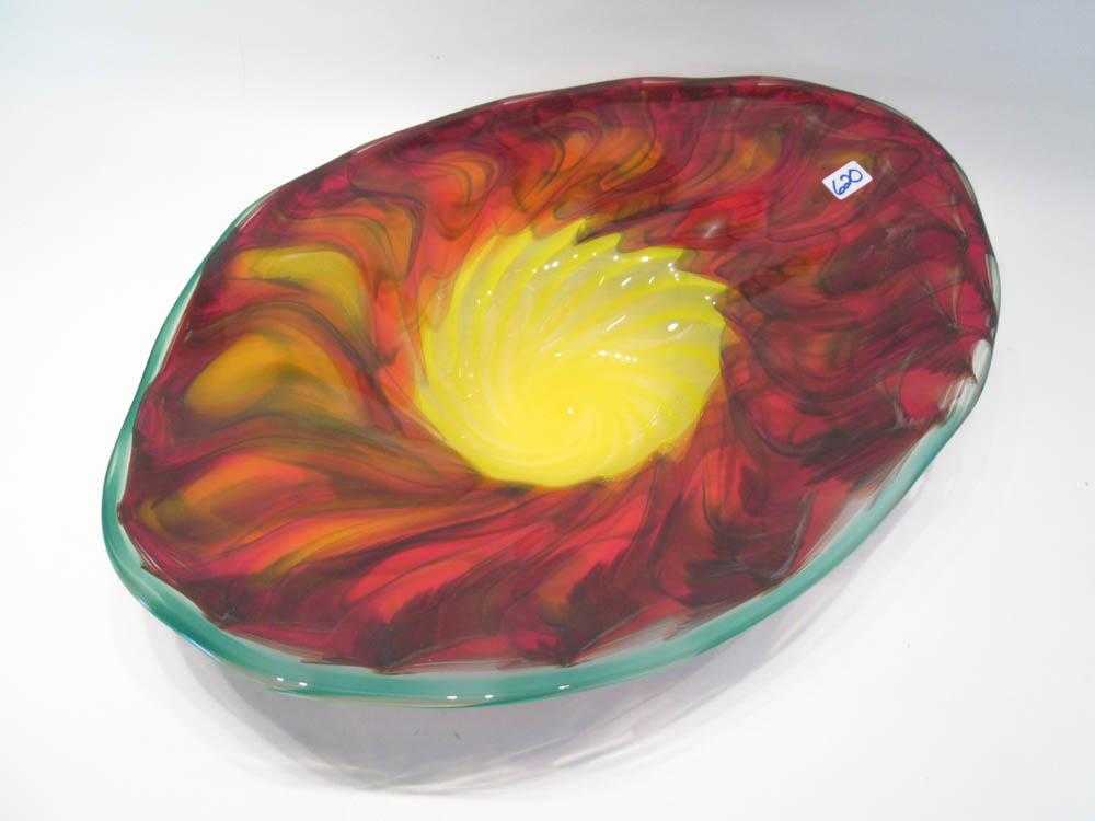 Appraisal: RUSKIN SIGNED ART GLASS BOWL of flattened oval form a