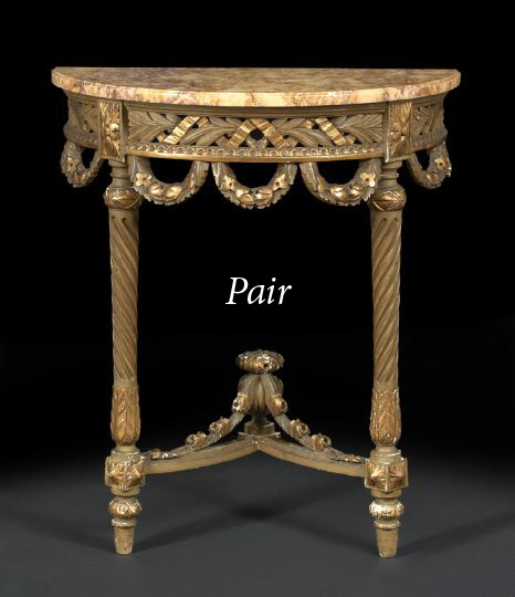 Appraisal: Pair of Louis XVI-Style Polychromed and Parcel-Giltwood Marble-Top Console Tables