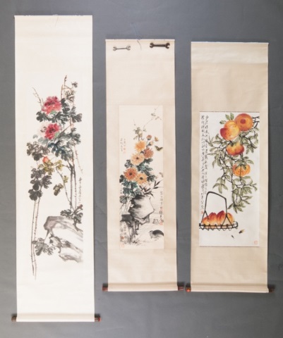 Appraisal: Three Chinese scrolls th century ink and color wash on