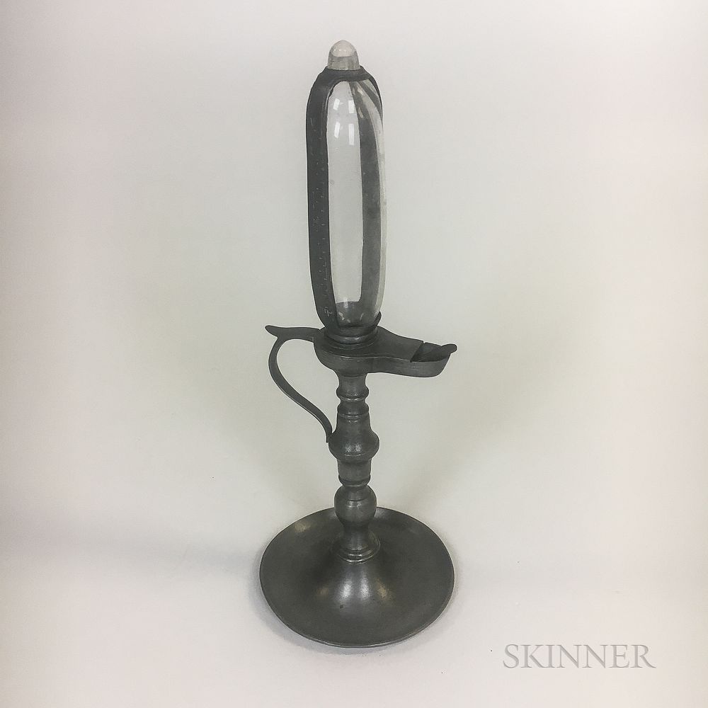 Appraisal: Pewter and Glass Oil Lamp Pewter and Glass Oil Lamp