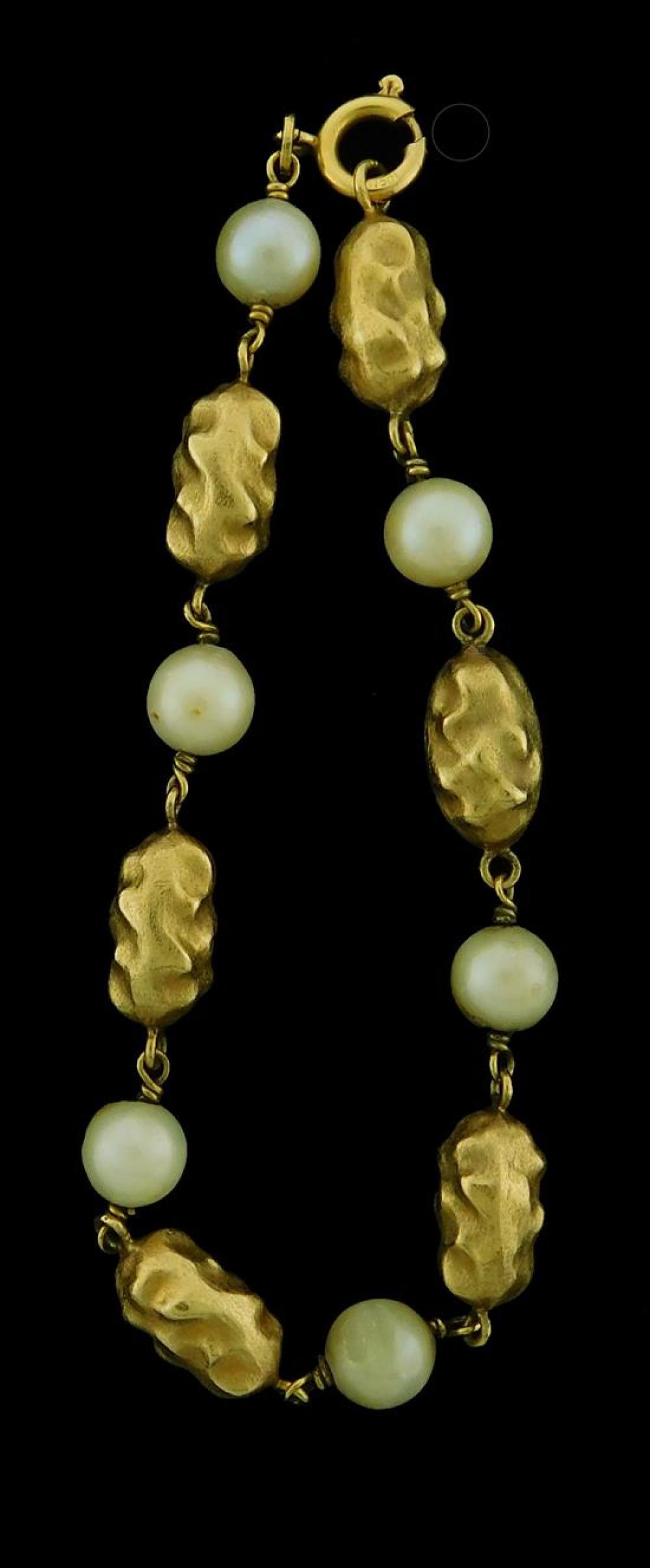 Appraisal: JEWELRY K gold bead and pearl bracelet six stamped and