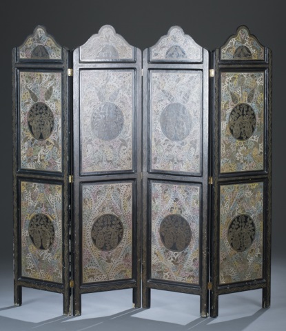 Appraisal: Lacquered Four Panel Asian Folding Screen Persian Motifs Paint Wear