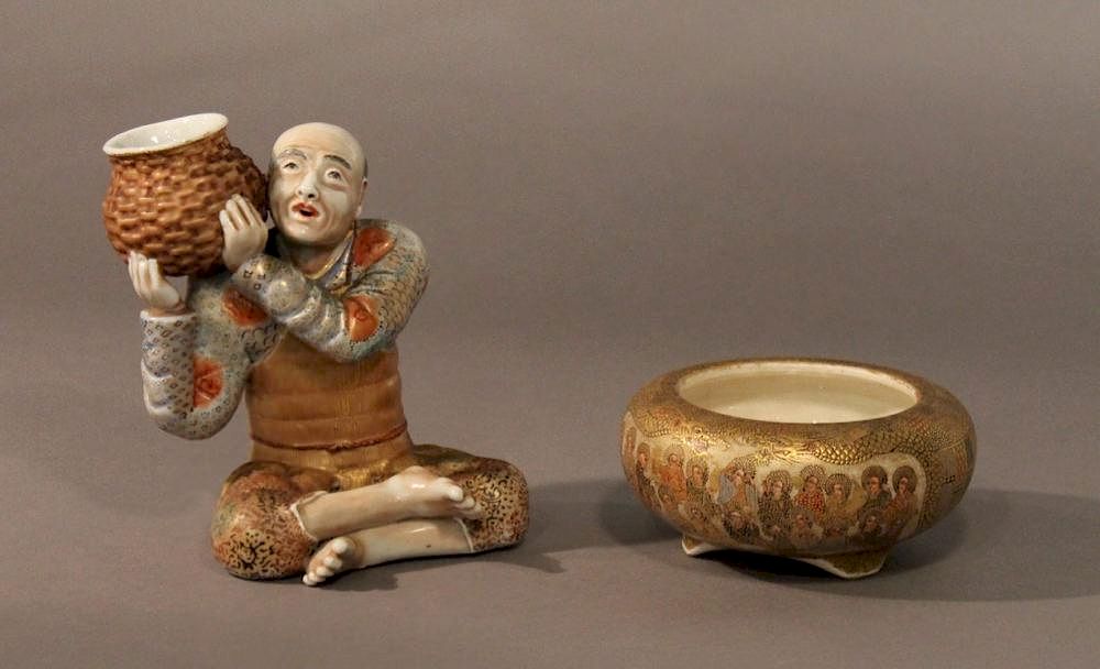 Appraisal: Two Pieces Japanese Satsuma Comprising Figure of a man seated