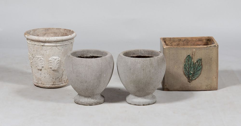 Appraisal: Group of Three Concrete Planters and a Pottery Planter Largest