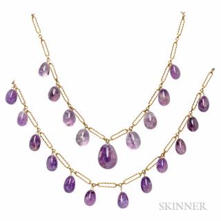 Appraisal: Two Gold and Amethyst Necklaces c suspending large graduating amethyst