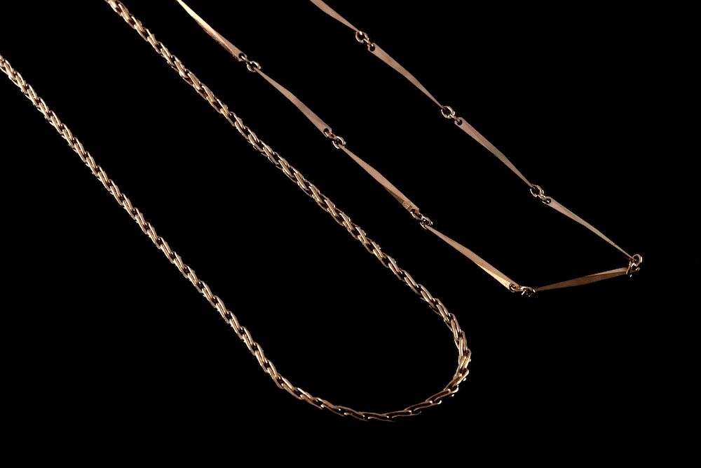 Appraisal: TWO CONTEMPORARY K GOLD CHAIN NECKLACES Link and woven gold