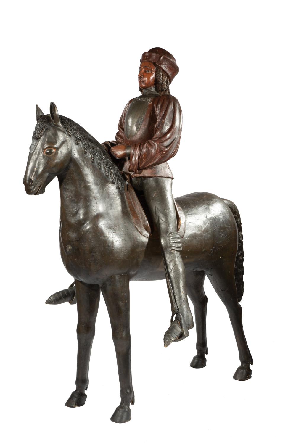 Appraisal: Monumental Antique Continental Carved and Polychromed Horse and Rider Grouping