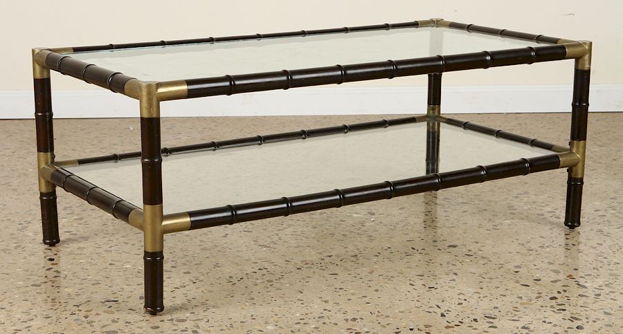 Appraisal: TIERED BRASS WOOD GLASS COFFEE TABLE A two tiered brass