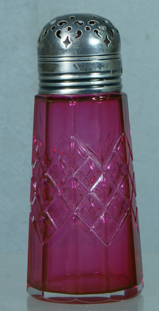 Appraisal: Cut cranberry shaker with English sterling silver lid Birmingham -