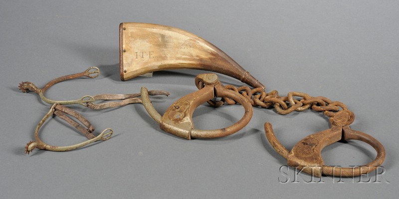 Appraisal: Eagle Engraved Powder Horn Iron Shackles and a Pair of