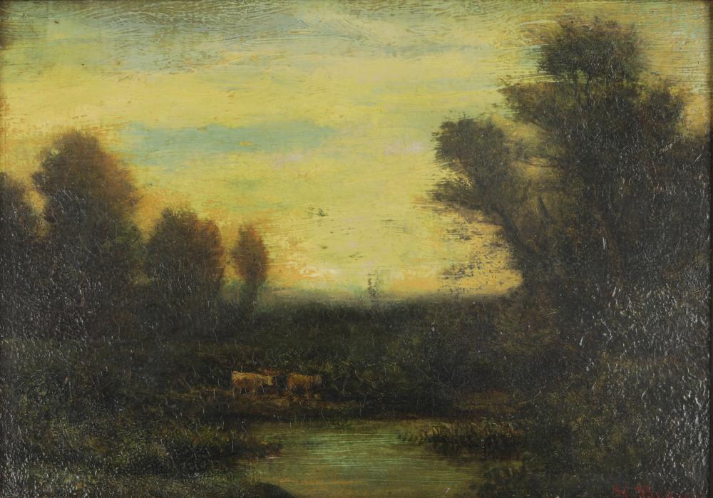 Appraisal: H BROWER LANDSCAPE WITH CATTLEoil on board signed lower right