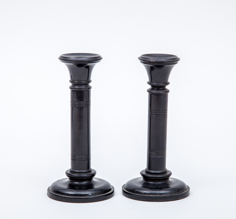 Appraisal: AESTHETIC MOVEMENT CANDLESTICKS Turned ebony x in diam Estimate -