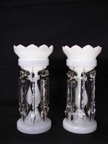 Appraisal: Pair of white glass lustres with crystal prisms previous paint