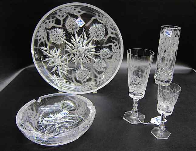 Appraisal: PIECE SET OF CZECH CUT GLASS HOLLOWWARE Thistle pattern comprised