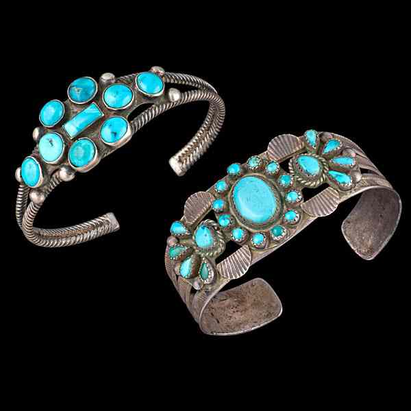 Appraisal: Navajo and Zuni Silver and Turquoise Bracelets Collected by Virginia