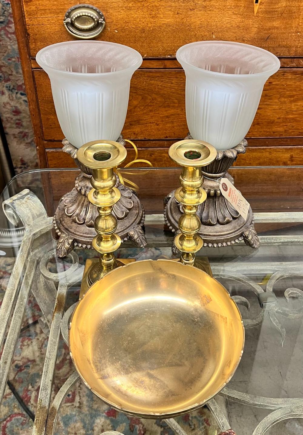 Appraisal: BRASS BOWL PAIR OF BRASS CANDLESTICKS AND A PAIR OF