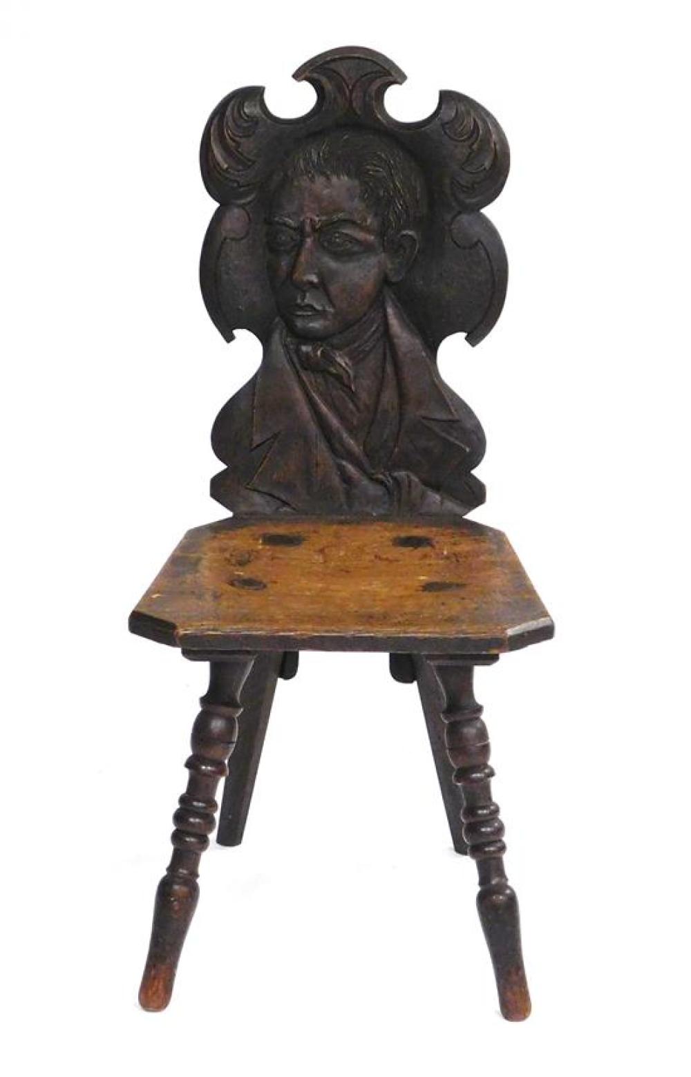 Appraisal: Portrait carved hall chair late th C oak shaped back