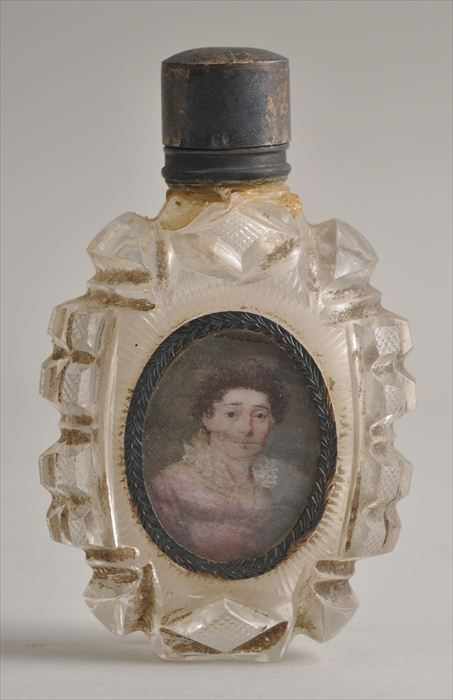 Appraisal: FRENCH CUT-GLASS SCENT BOTTLE FITTED WITH A MINIATURE PORTRAIT The