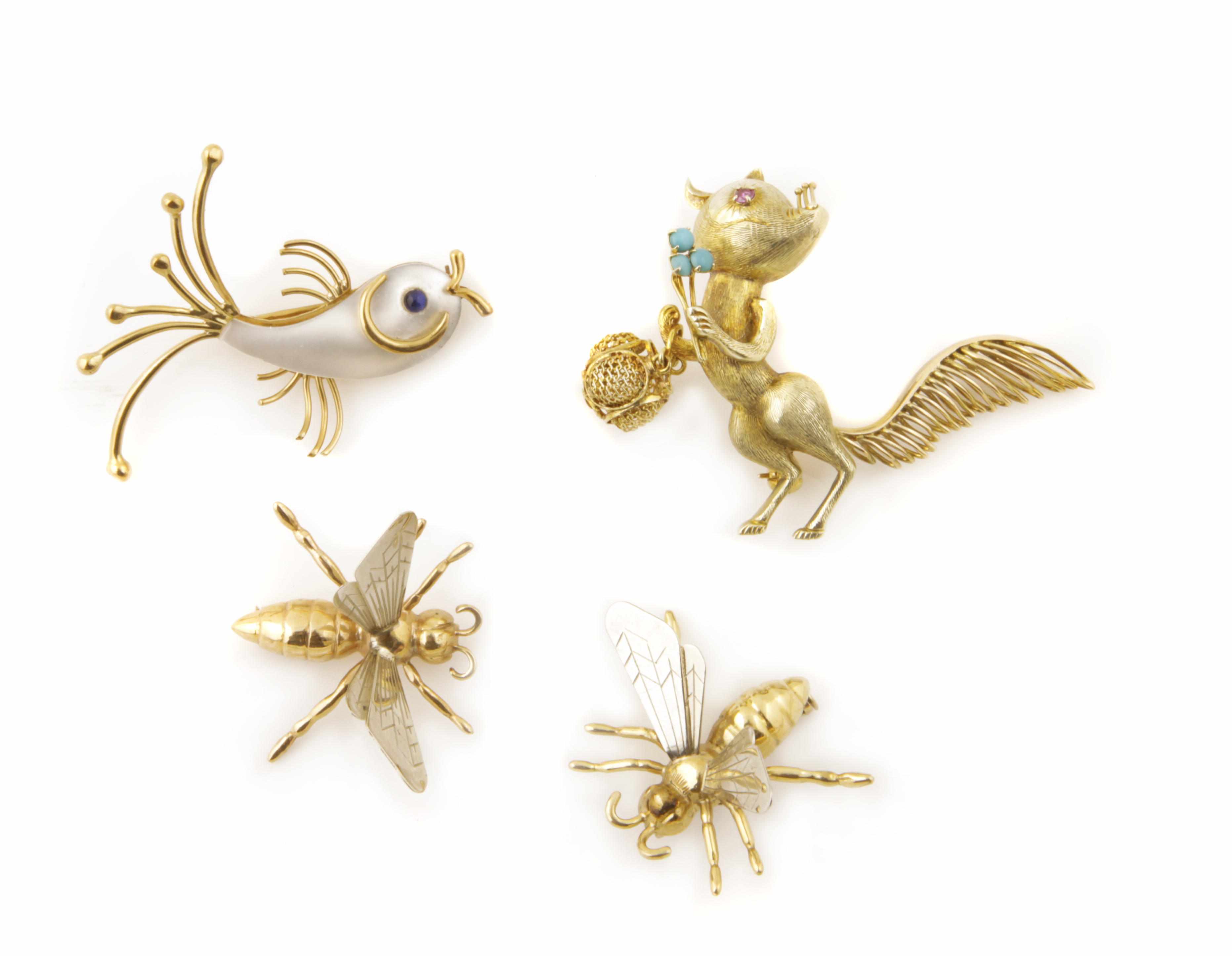 Appraisal: A collection of four gem-set and gold animal brooches g