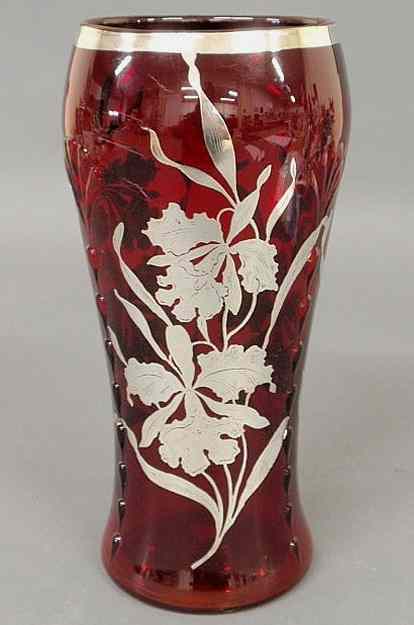 Appraisal: Red glass vase th c with silver overlay probably sterling