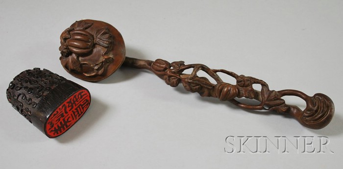 Appraisal: Asian Carved Boxwood Scepter and a Carved Horn Stamp scepter