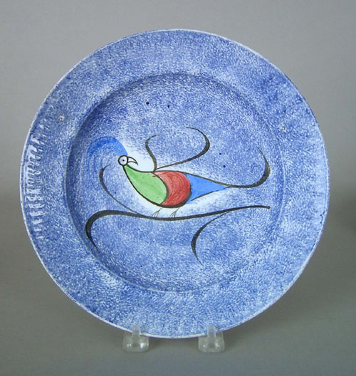 Appraisal: Blue spatter plate th c with peafowl dia