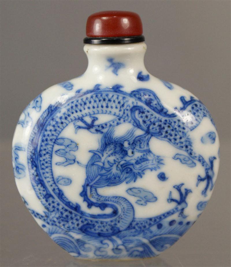 Appraisal: purse shaped porcelain snuff bottle underglaze blue dragon seeking flaming