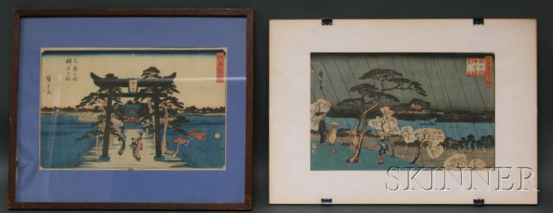 Appraisal: Two Prints by Hiroshige Entrance to a Shrine and Travelers