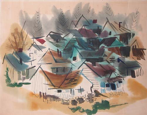 Appraisal: Untitled Pittsburgh Hillside Neighborhood Watercolor on Paper Caplan Jerry x