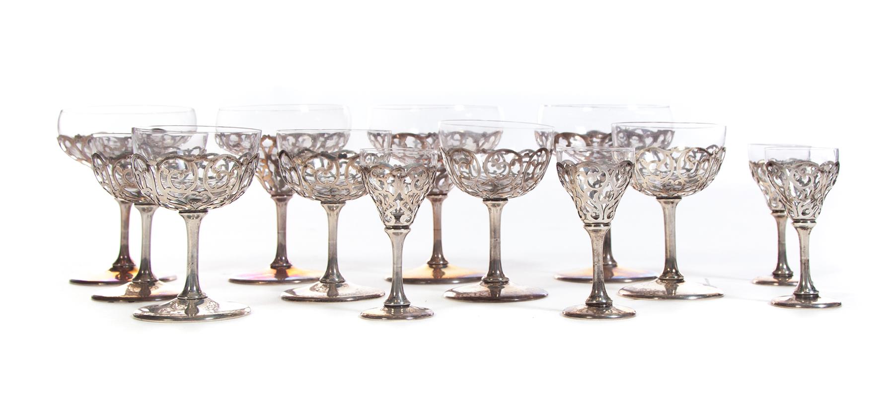 Appraisal: SET OF THIRTEEN STERLING WINES WITH GLASS INSERTS American st