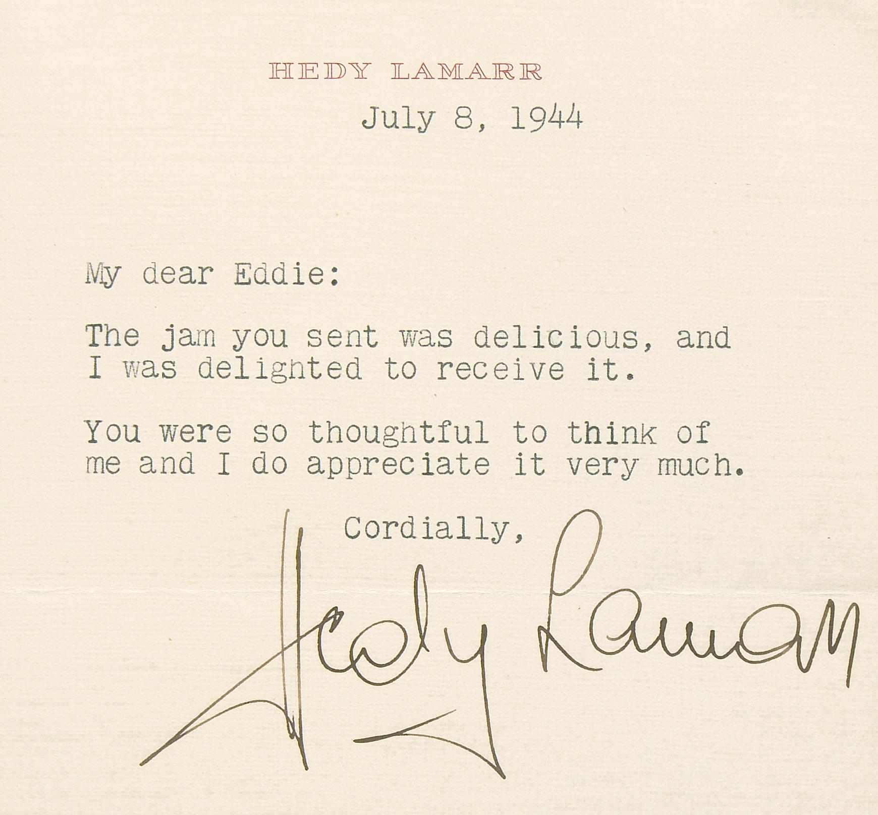 Appraisal: Hedy Lamarr signed letter A single page typed letter signed