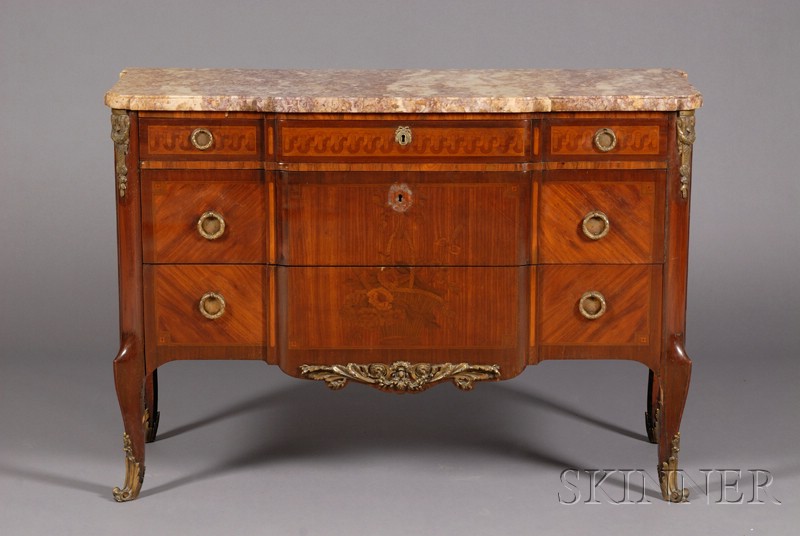 Appraisal: Louis XV XVI Style Ormolu-mounted and Inlaid Tulipwood and Marble-top