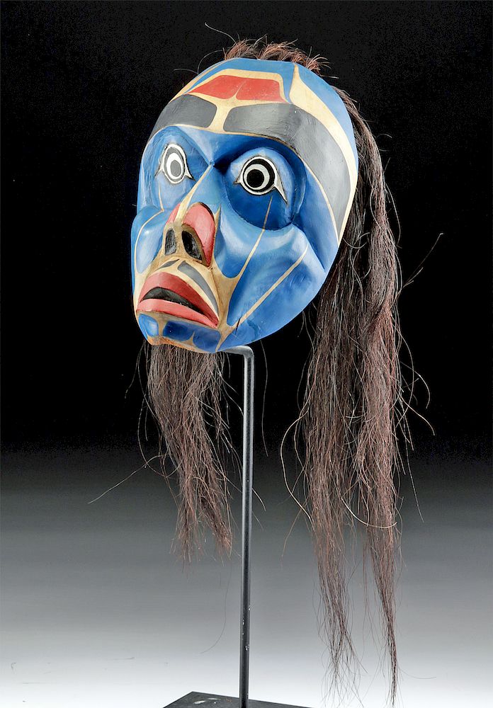 Appraisal: Vintage Bella Coola Wood Portrait Mask w Hair Pacific Northwest