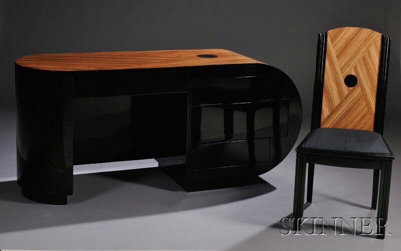 Appraisal: Desk and Chair in the Art Deco Style Black lacquer