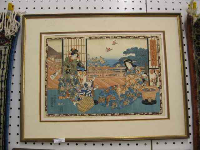 Appraisal: Japanese Woodblock Print interior scene with child watching birds fly