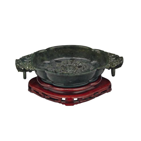 Appraisal: Spinach Green Jade Shallow Basin The deep quatrefoil form basin