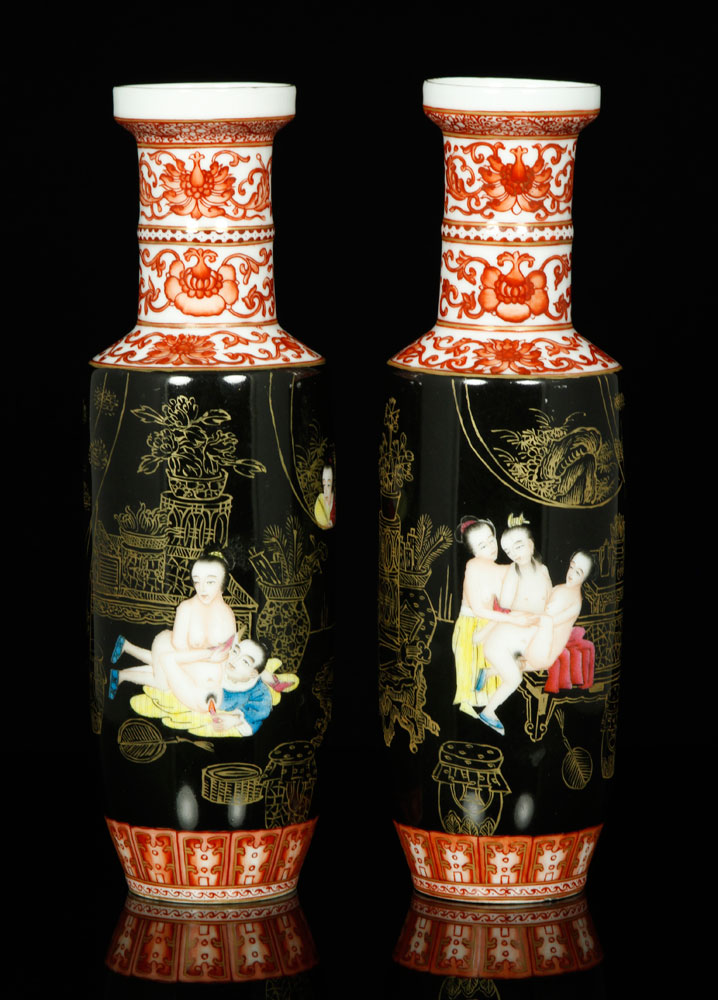 Appraisal: - Pr Asian Porcelain Erotica Vases Pair of Asian erotica